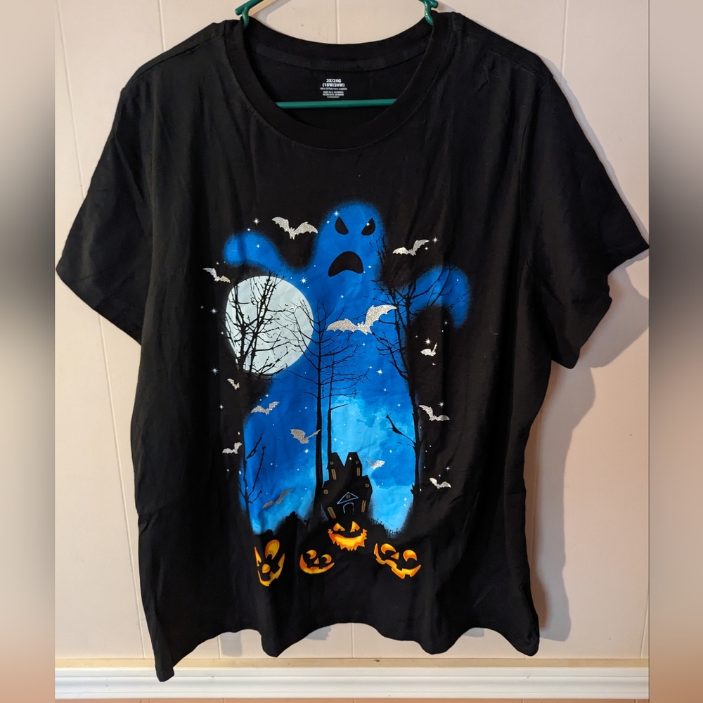 Halloween Blue Ghost Women's Black T-shirt Plus Size 2X (18W-20W)